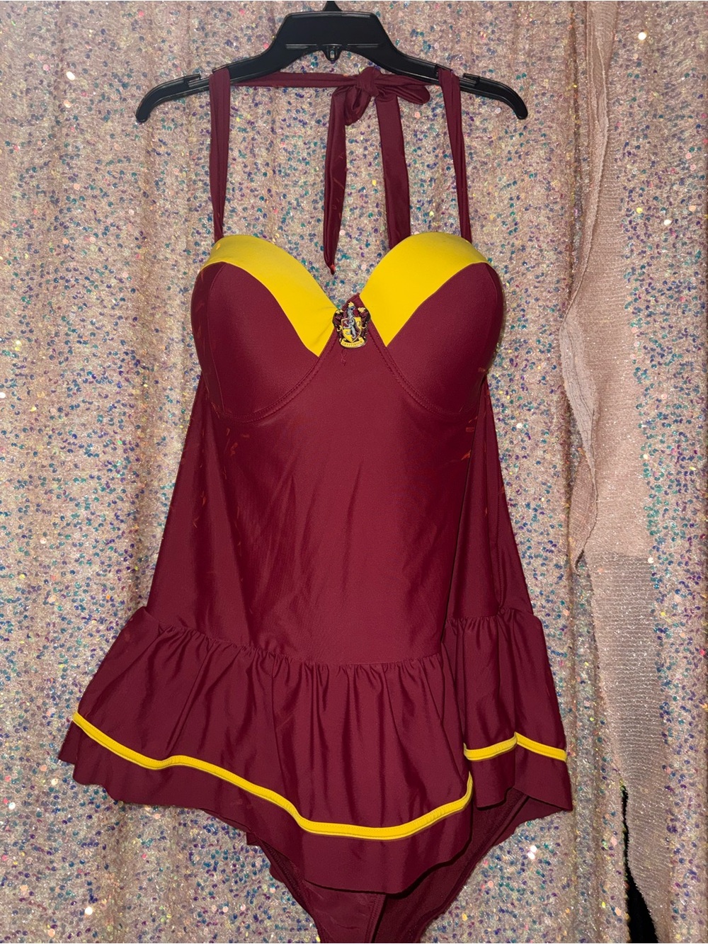 Women’s Maroon and Yellow Halter Swim Dress One-Piece
